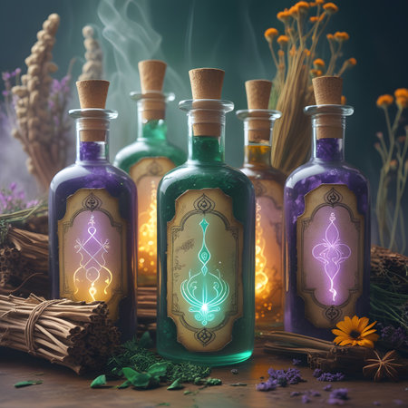 Magic potion in bottles with herbs on wooden table. Halloween concept.の素材