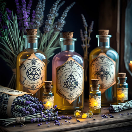 Lavender essential oil in bottles on wooden table. Alternative medicine concept.の素材