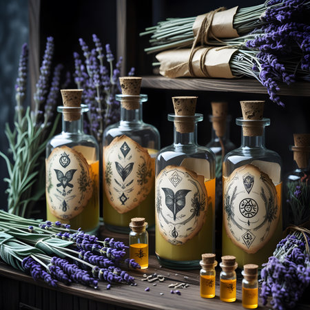 Bottles with lavender oil and lavender flowers on wooden shelfの素材
