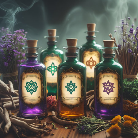 Bottles with magic potion on wooden table. Witchcraft concept.の素材