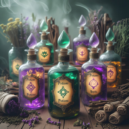 Magic potion in bottles with lavender flowers and incense sticks.の素材