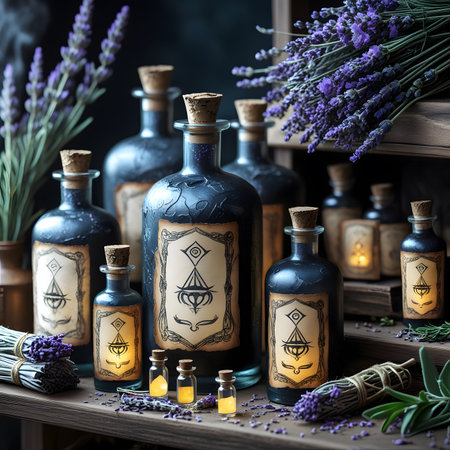 Magic potion in vintage bottles with lavender flowers on wooden shelf.の素材
