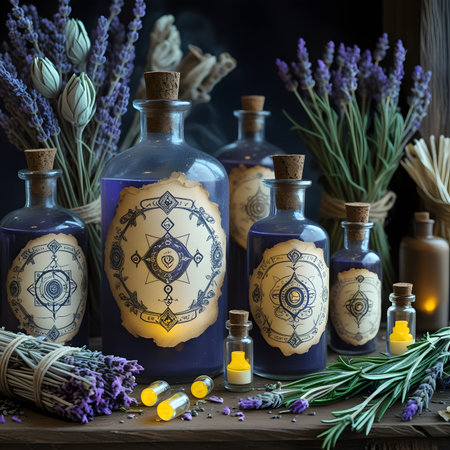 Bottles with lavender essential oil and herbs on dark background.の素材