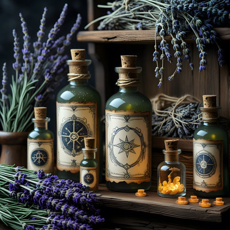 Bottles with essential oil and lavender flowers on a wooden shelf.の素材