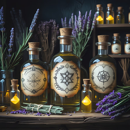 Lavender essential oil in bottles on wooden background. Toned image.の素材