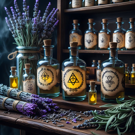 Bottles of lavender essential oil with the image of the Star of David.の素材