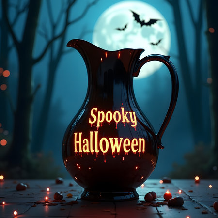 Halloween background. Jug of milk in the forest at nightの素材