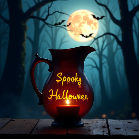 Halloween background with pumpkin lantern and candle. 3D illustration.の素材