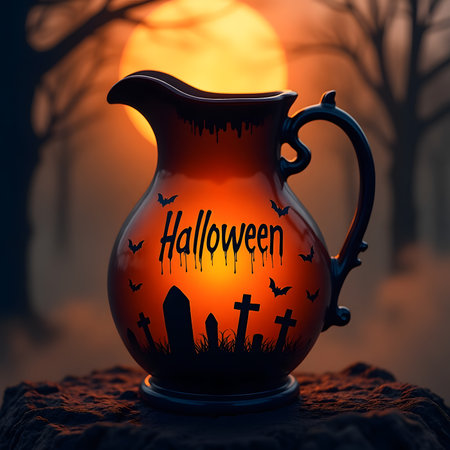Halloween background with jug of wine on wooden stump at night.の素材