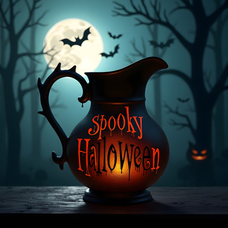 Halloween background with jug of milk on table, 3d renderの素材