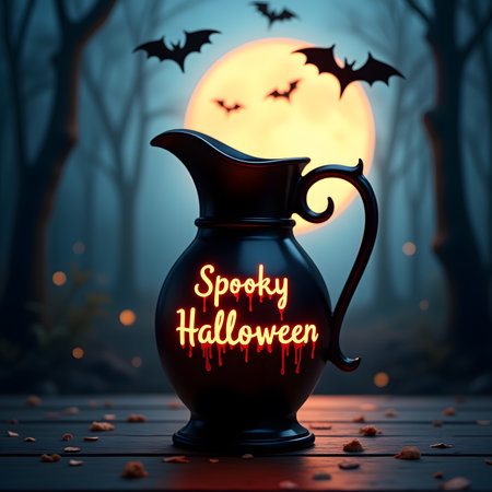 Happy Halloween lettering in a jug on a background of the full moonの素材
