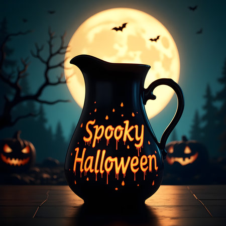 Spooky halloween background with jug and full moon. 3D renderingの素材