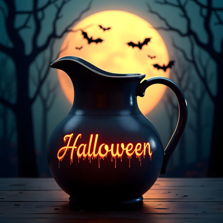 Halloween night background with jug of water and bats. 3d renderingの素材