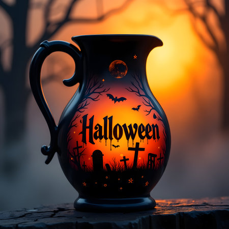 Halloween holiday concept. Halloween vase with pumpkins, bats and spiders on the background of the sunset.の素材
