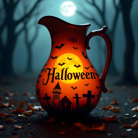 Halloween illustration with jug full of magic potion and bats on dark backgroundの素材
