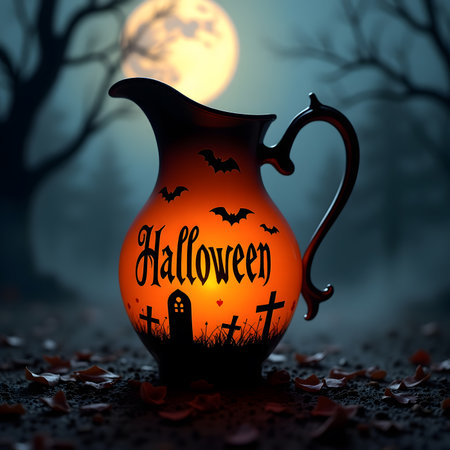 Halloween night scene with pitcher and pumpkins. Halloween background.の素材