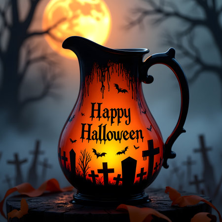 Ceramic jug with Halloween lettering on the background of the full moon.の素材