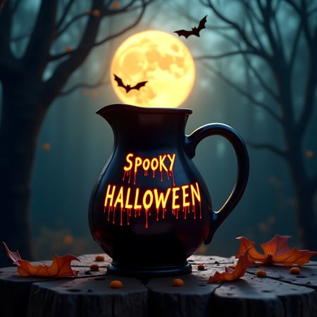 Halloween concept with pumpkins and jug of water on wooden backgroundの素材