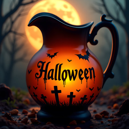 Halloween background with pumpkins, crosses and a jug of waterの素材