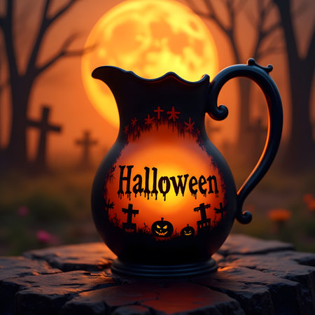 Halloween background with pumpkins and jug of wine. 3d renderingの素材