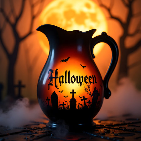 Halloween background. Jug with Halloween symbols on the background of the full moon.の素材