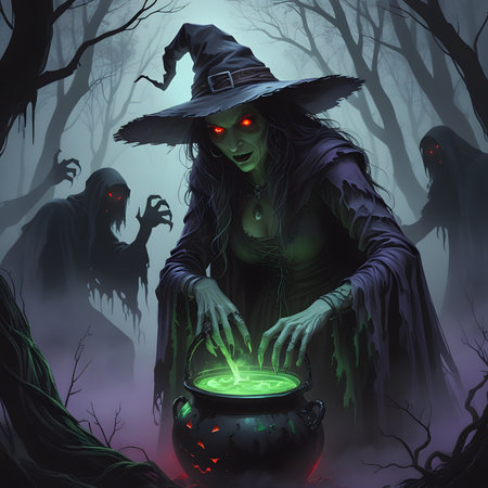 Halloween witch with cauldron in dark forest, 3d illustrationの素材