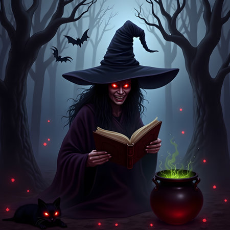 Halloween witch reading a book in the dark forest. 3d renderingの素材