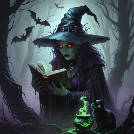 Halloween witch reading a book in the dark forest, 3d illustrationの素材