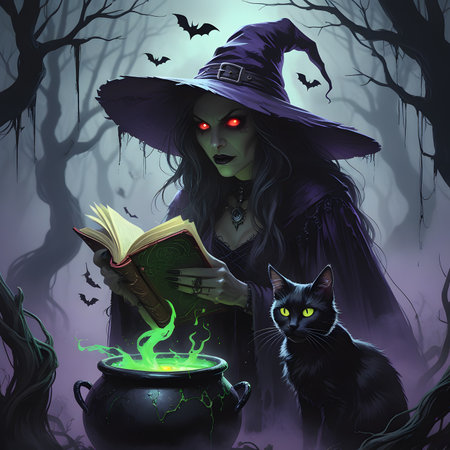 Halloween witch reading a book in the dark forest, 3d illustrationの素材