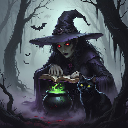 Halloween witch reading a book in the spooky forest. Halloween concept.の素材