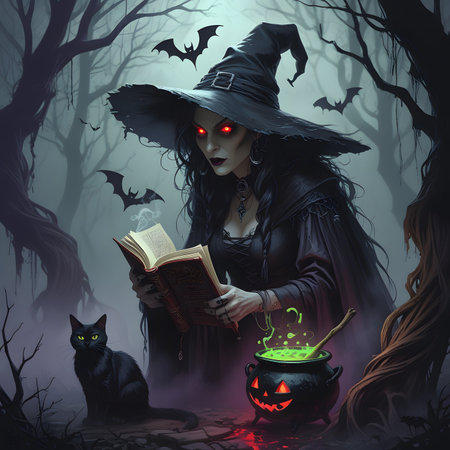 Halloween witch reading a book in the dark forest, 3d illustrationの素材