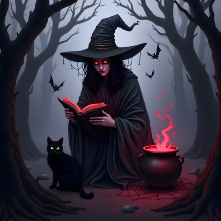 Halloween witch reading a book in the dark forest with black catの素材