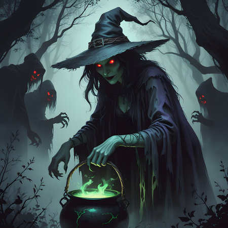 Halloween witch with cauldron in the dark forest. 3D renderingの素材