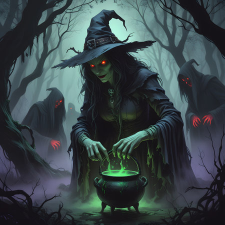 Halloween witch with cauldron in the dark forest. 3d renderingの素材