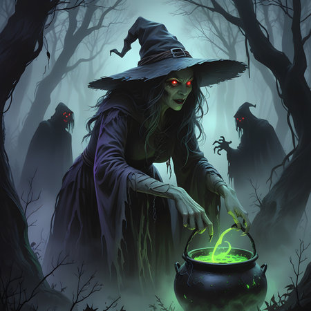 Halloween witch with magic cauldron in the dark forest, 3d illustrationの素材