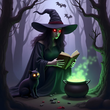 Halloween witch reading a book in the dark forest. Vector illustration.の素材