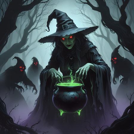 Halloween witch with cauldron in the dark forest, 3d illustrationの素材