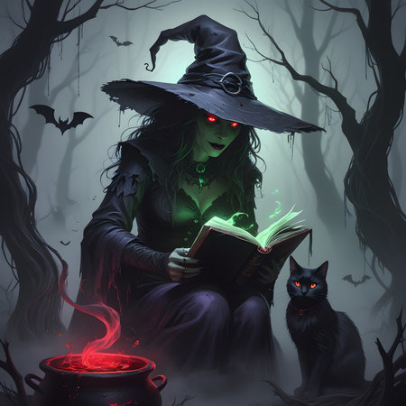 Halloween witch reading a book in the dark forest, 3d illustrationの素材