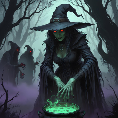 Halloween witch with magic cauldron in the forest. 3d renderingの素材
