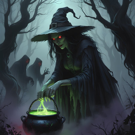 Halloween witch with a pot of potion in the dark forest.の素材