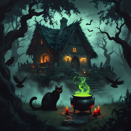 Halloween background with witch's house, black cat and cauldronの素材