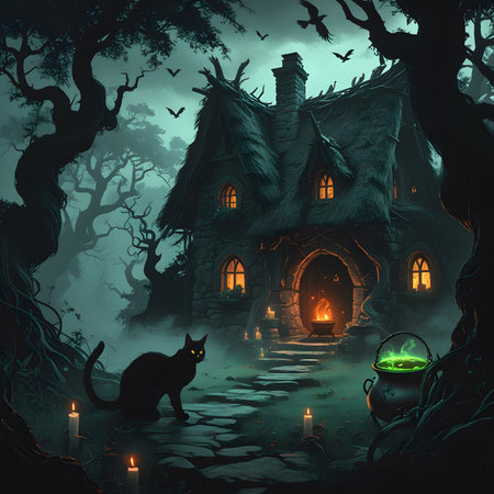 Halloween background with a witch house, cat and cauldron.の素材