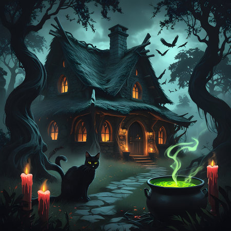Halloween background with witch's house, cauldron, cat and candlesの素材