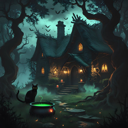 Halloween background with witch's house and black cat. Vector illustration.の素材