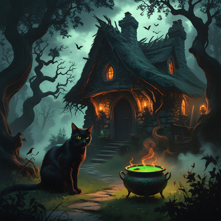 Halloween background with witch's house, cat and cauldron.の素材