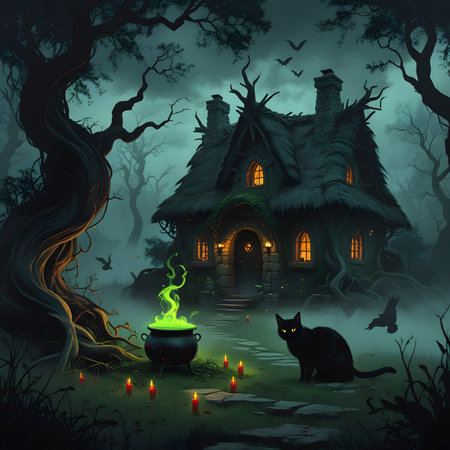 Halloween background with a witch house and a black cat. Vector illustration.の素材