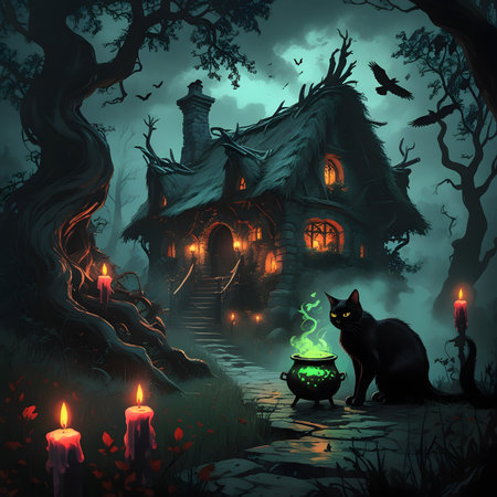 Halloween background with a witch house, a cat and a cauldronの素材