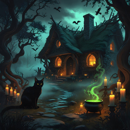 Halloween witch house with black cat and candles in the dark forestの素材