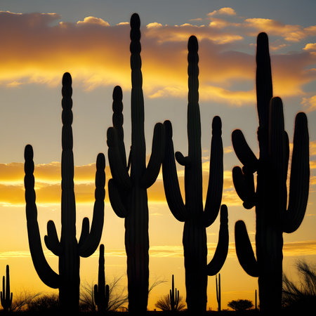 Silhouette of Saguaro Cactuses at sunset.の素材