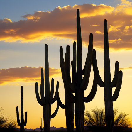 Saguaro Cactuses at Sunset in Tucson, Arizona.の素材